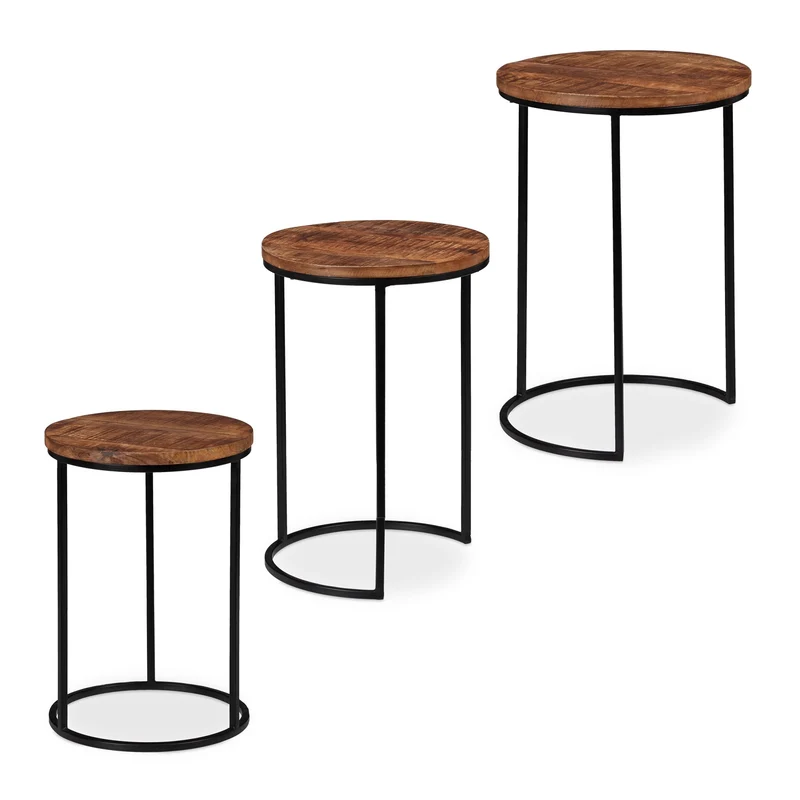 Lot de 3 tables gigognes rondes design industriel salon chambre 57,5 x 41 cm en bois de mangue noir 13_0007109