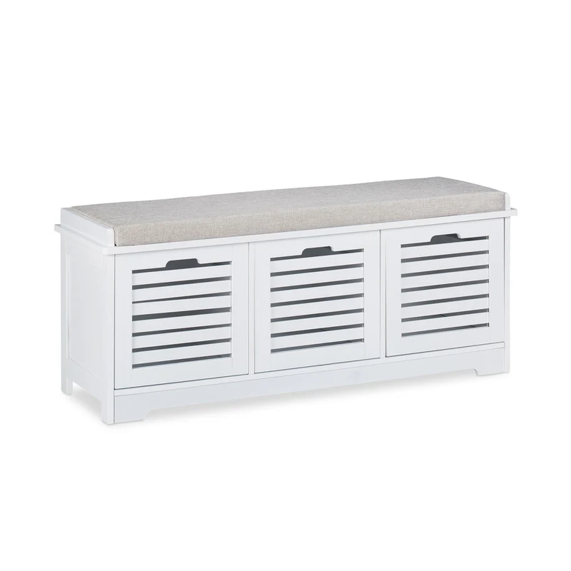 Banc commode avec espace de rangement 120 x 40 x 45 cm assise confortable style campagnard en bois blanc 13_0008137