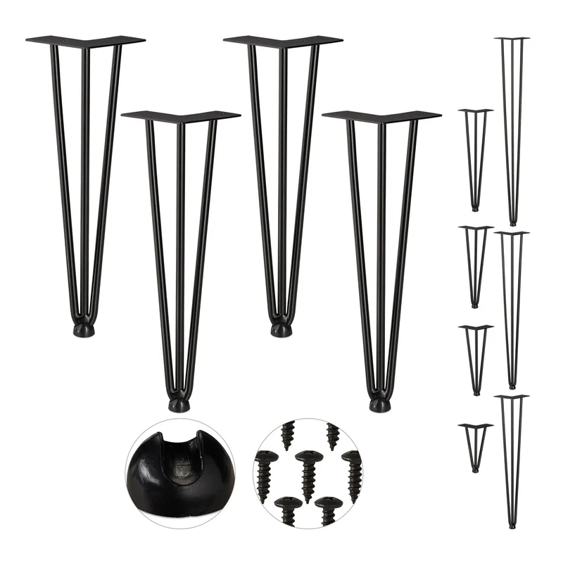 Lot de 4 pieds de table en épingle cheveux design vintage 40 x 12 x 12 cm avec 3 entretoises en métal noir 13_0007769