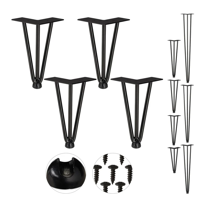 Lot de 4 pieds de meuble en épingle cheveux 36 x 12 x 12 cm design vintage tendance en métal noir 13_0007766