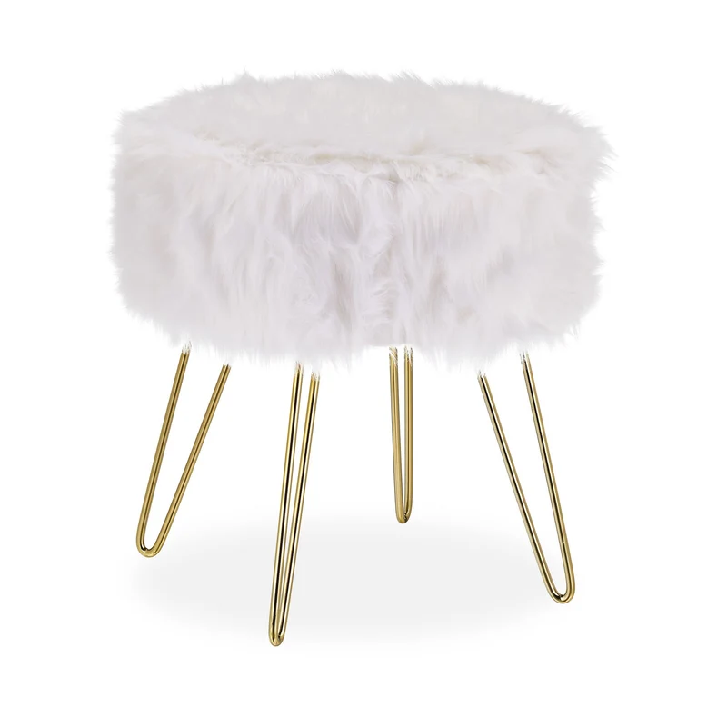 Tabouret de maquillage rembourré décoratif 40 x 40 x 45 cm moderne en fourrure blanche 13_0008313