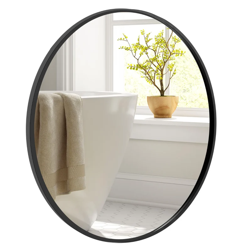 Miroir rond mural 61 cm antidéflagrant avec installation facile style moderne et élégant en métal noir 20_0020851