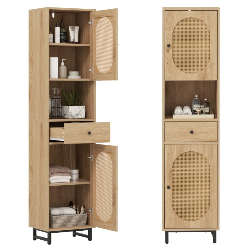 Armoire de rangement haut pour salle de bain 40 x 30 x 170 cm grande capacité style contemporain en rotin naturel 20_0017429