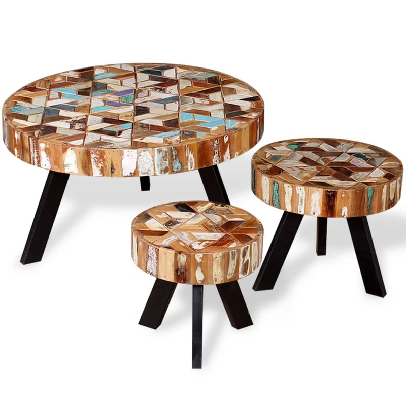 Ensemble de table basse 3 pièces bois de récupération massif multicolore 02_0042102