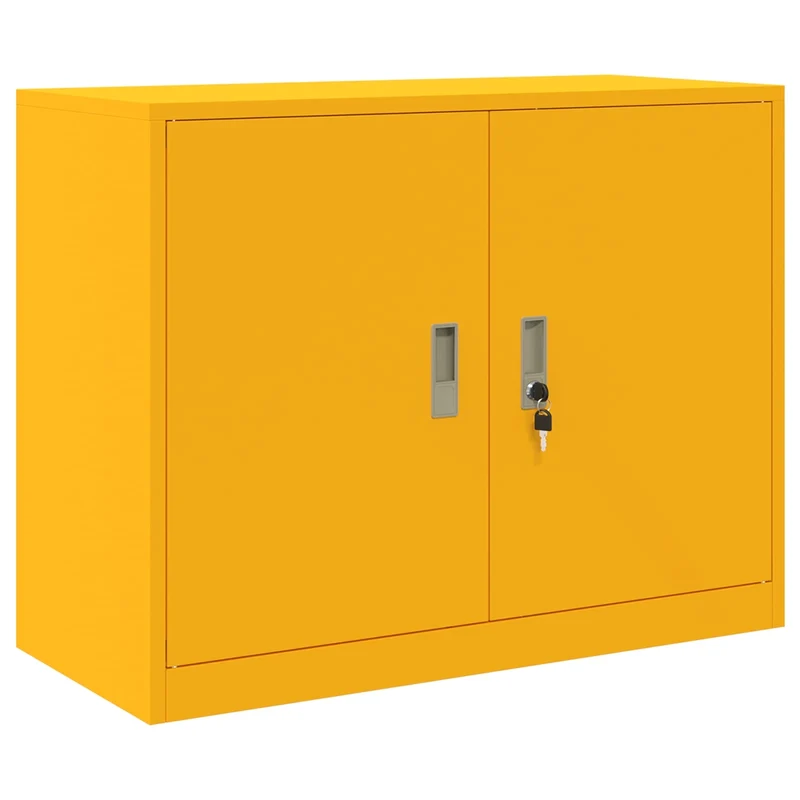 Armoire de rangement moderne pour bureau 90 x 40 x 70 cm avec portes verrouillables style industriel en acier laminé à froid jaune moutarde 02_0054812