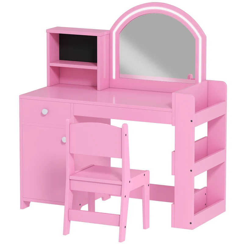 Coiffeuse pour enfant avec tabouret miroir led rangements 89 x 39 x 97 cm bureau intégré moderne scandinave en MDF rose 21_0000272