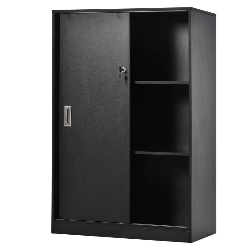 Armoire de bureau 2 portes coulissantes 80 x 40 x 120 cm sécurisée 2 étagères moderne épuré en panneau de particules noir 21_0002431