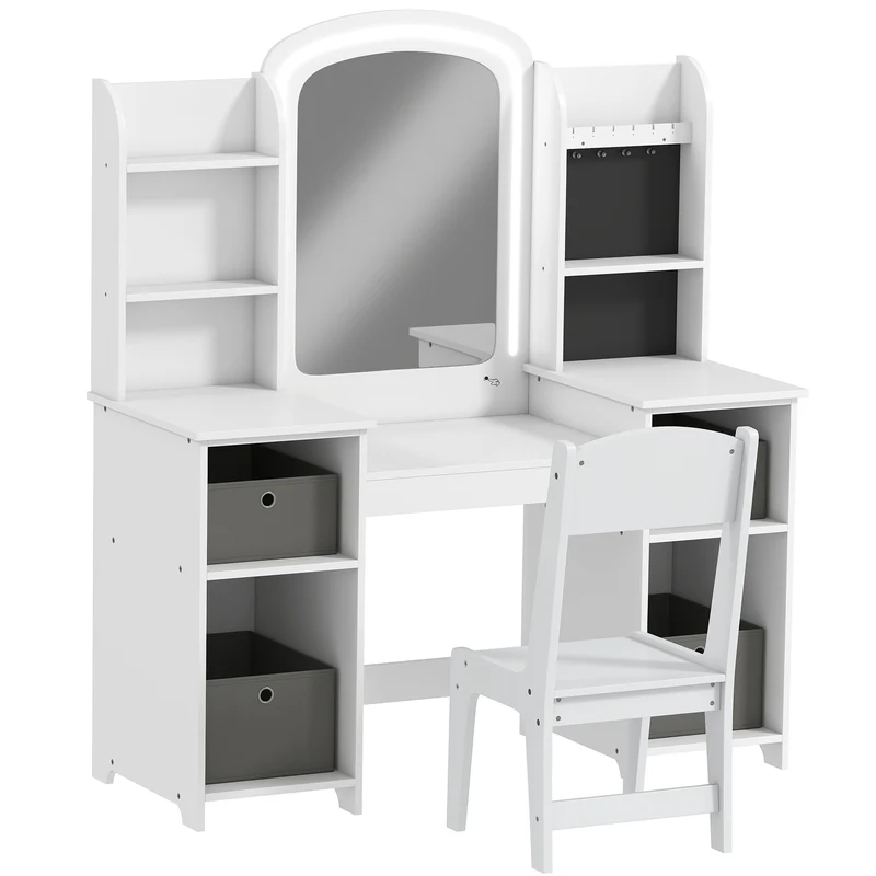 Coiffeuse pour enfant tabouret miroir led 104 x 40 x 112 cm rangements et crochets bijoux moderne tendance en MDF blanc 21_0000270