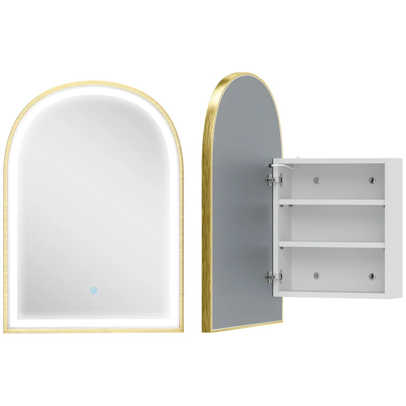 Armoire murale salle de bain arquée 50 x 14.5 x 70 cm anti-buée éclairage réglable moderne épuré en verre trempé doré 21_0002137