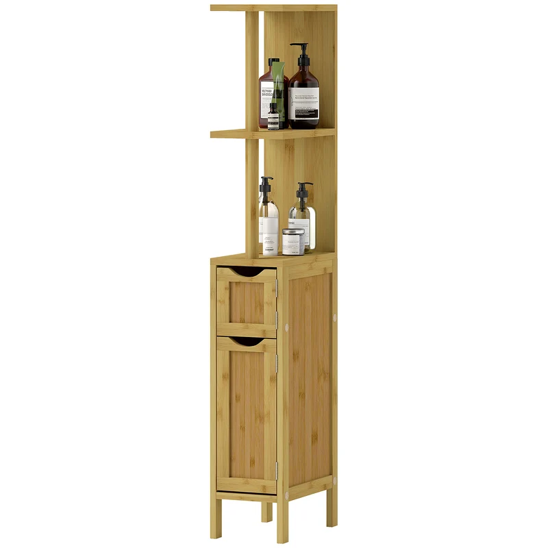 Colonne de salle de bain haute 18 x 30 x 120 cm rangement optimisé gain de place épuré scandinave en bambou bois naturel 21_0002016