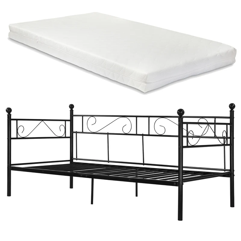 Divan lit simple grande avec matelas en acier 90 x 200 noir 03_0009348