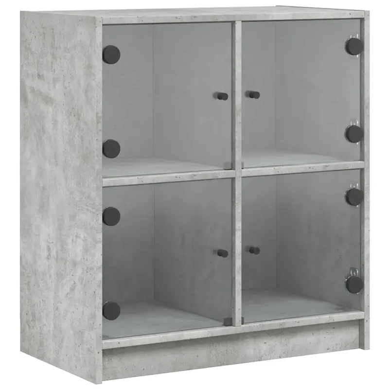 Armoire latérale design intemporel 68 x 37 x 75 cm avec portes vitrées rangement ambiance cosy en bois gris béton 02_0049314