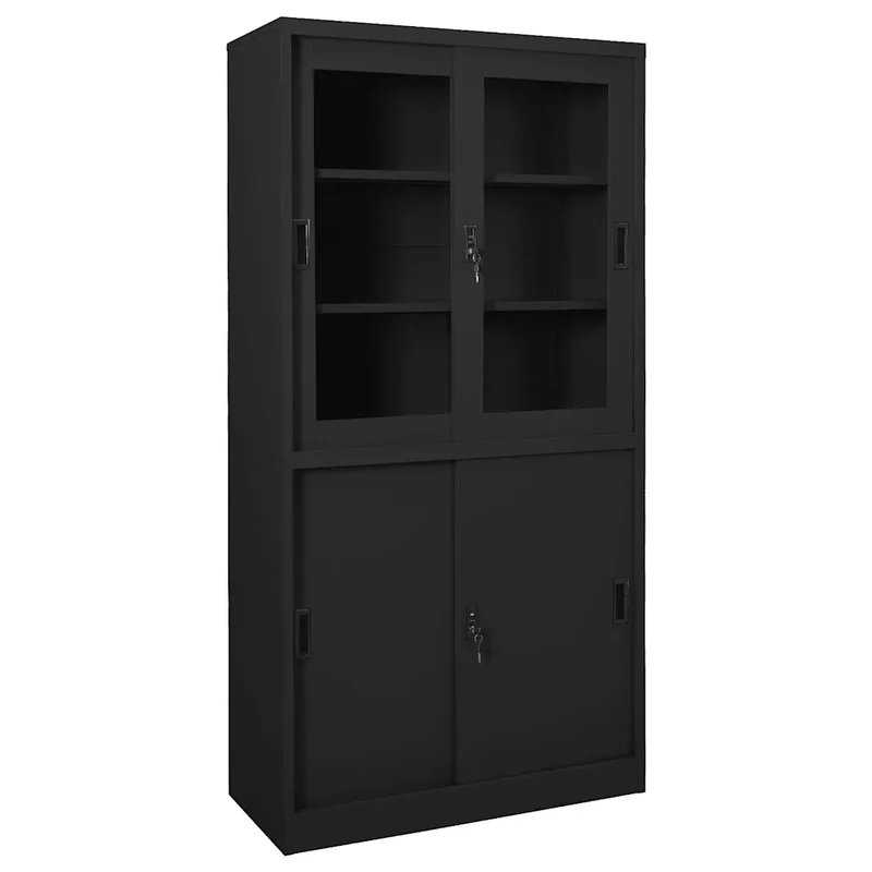 Armoire de bureau porte coulissante 90 x 40 x 180 cm avec 3 étagères réglables style moderne en acier anthracite 02_0046825