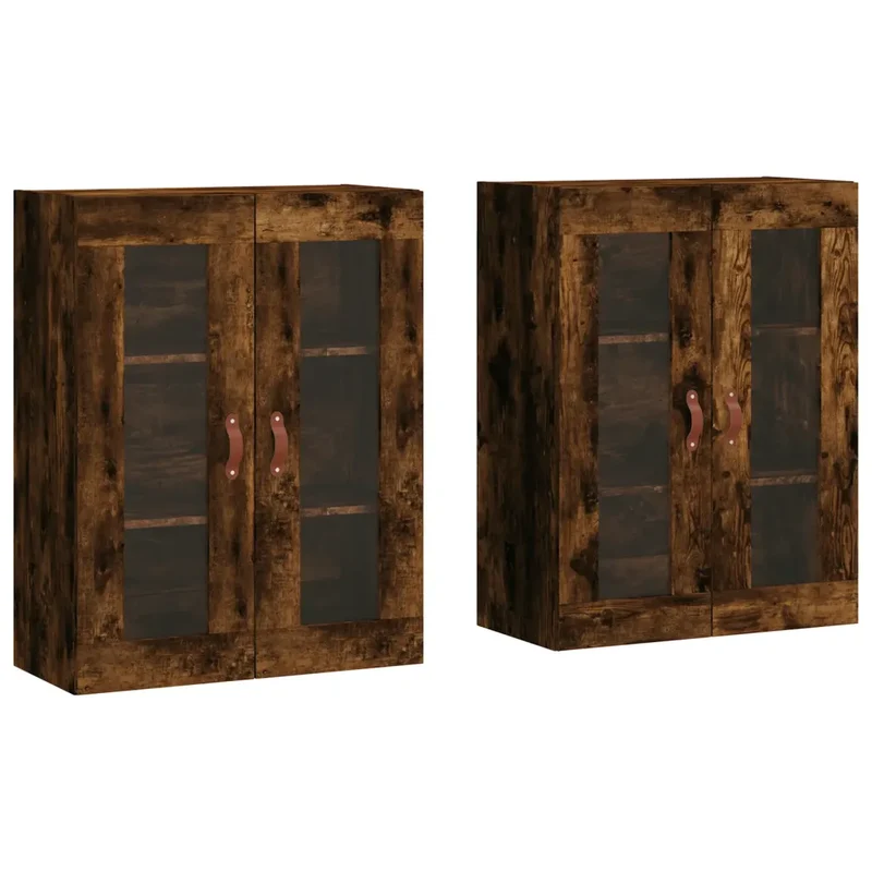 Lot de 2 armoires murales modernes avec porte vitrée rangement 69,5 x 34 x 90 cm en bois d'ingénierie chêne fumé 02_0055413