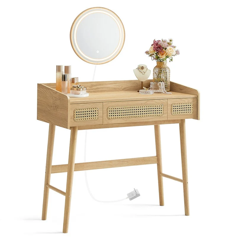Coiffeuse avec miroir et lumière table de maquillage 3 tiroirs imitation rotin lumière réglable avec 3 nuances de couleur style bohème chambre beige 12_0006048