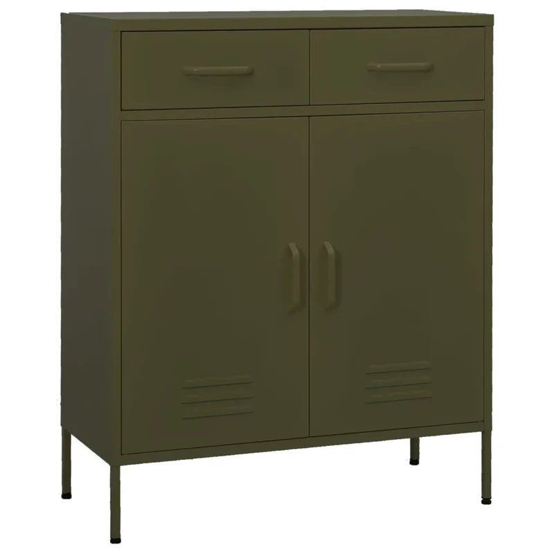 Armoire de rangement moderne 80 x 35 x 101,5 cm avec 2 tiroirs pratiques ambiance cosy en acier vert olive 02_0046844