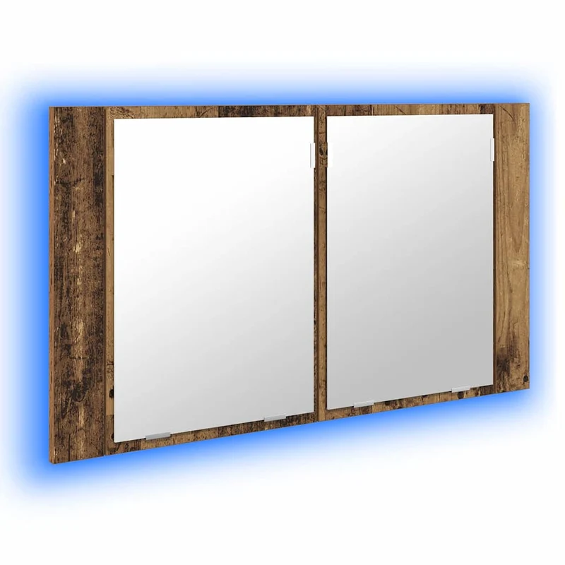 Armoire miroir de salle de bain murale moderne 80 x 12 x 45 cm avec étagères et éclairage LED en bois ancien 02_0054528