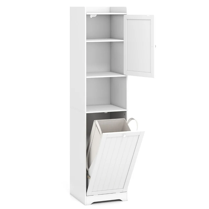 Armoire de salle de bain haute 40 x 40 x 170 cm avec sac à linge amovible et étagères ajustables en MDF blanc 20_0010271