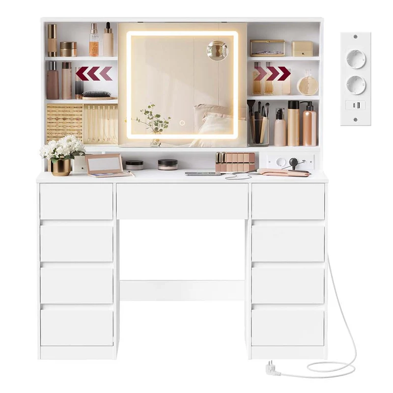 Coiffeuse avec miroir led multiprise 9 tiroirs loupe 10x rangement bijoux éclairage 3 couleurs installation des rails sans outils blanc nuage 12_0007990