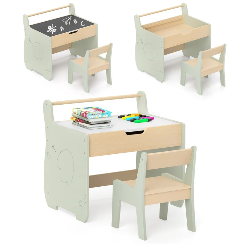 Ensemble table et chaise enfant 61,5 x 47 x 59 cm espace de rangement intégré usage créatif style moderne en bois naturel vert 20_0014088