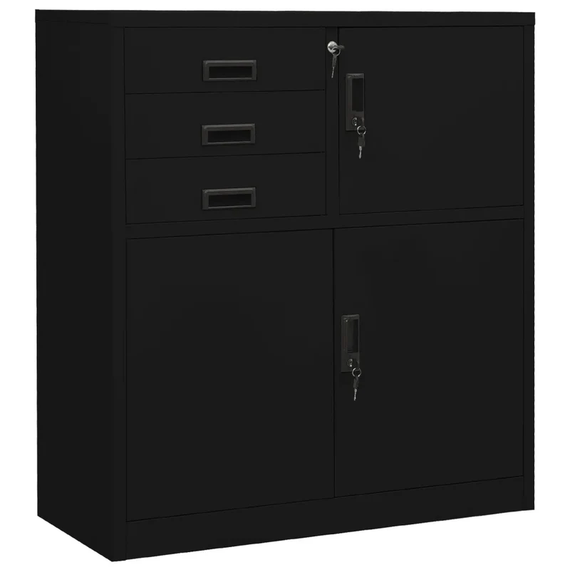 Armoire de bureau acier noire 90 x 40 x 102 cm avec étagère réglable et tiroirs pratiques style contemporain 02_0046905