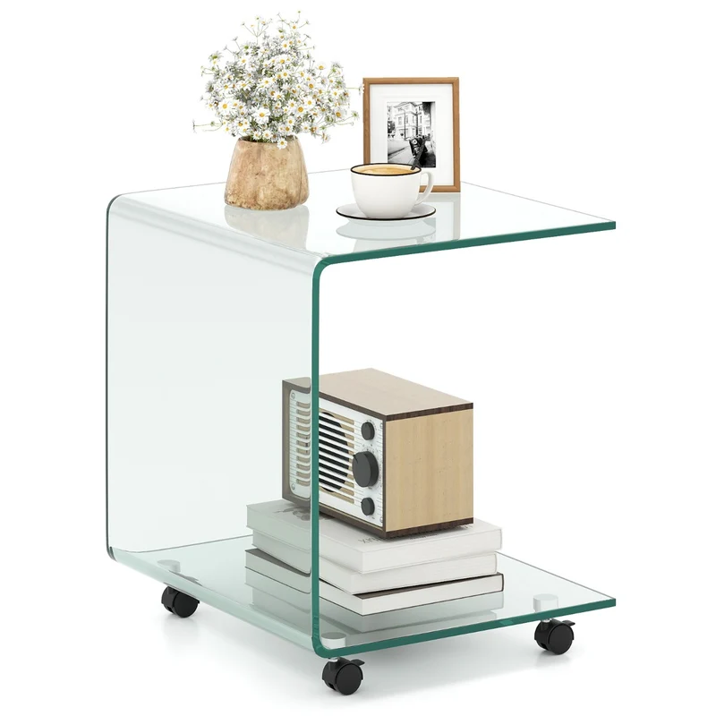 Table d'appoint latérale en C 40 x 45 x 48 cm avec espace de rangement roulant et design moderne en verre trempé transparent 20_0018460
