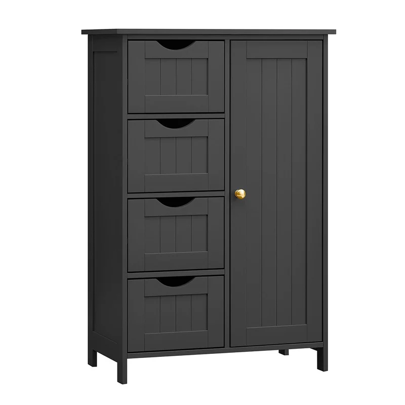 Meuble de salle de bain sur pied meuble de rangement avec 4 tiroirs 30 x 55 x 82 cm porte simple étagère réglable pour salon cuisine et couloir noir 12_0006500