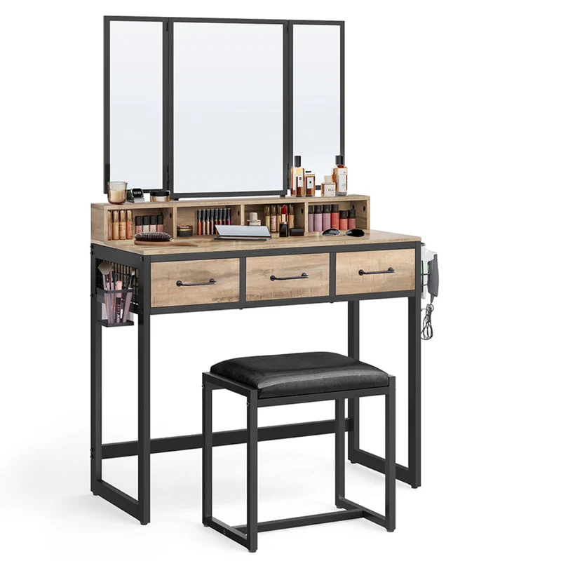 Ensemble de coiffeuse table de toilette avec tabouret 40 x 90 x 141 cm rembourré avec miroir triple 3 tiroirs porte-sèche-cheveux pot style industriel marron rustique et noir 12_0005420