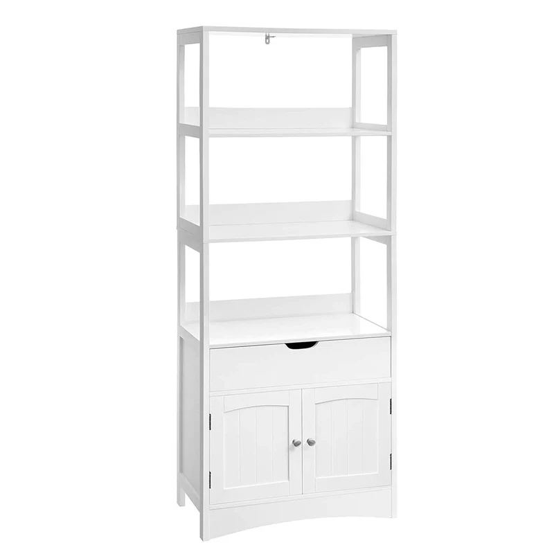 Meuble de rangement de salle de bain armoire haute avec 3 compartiments ouverts 1 tiroir et 1 placard 60 x 32 5 x 154 cm pour entrée cuisine bureau blanc 12_0002751