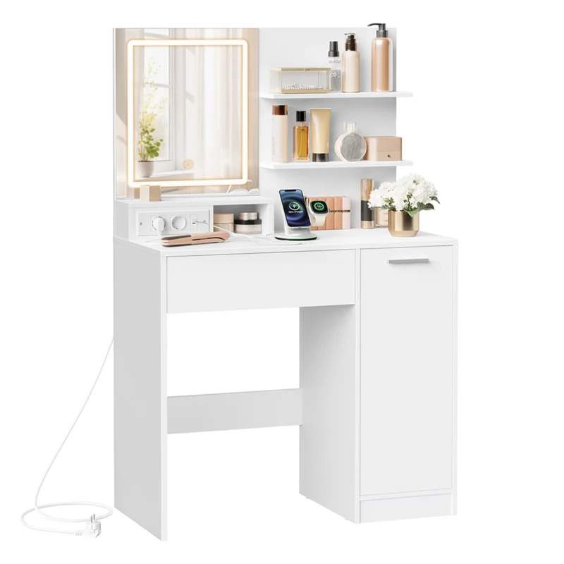 Coiffeuse table de maquillage avec miroir 1 tiroir 2 étagères placard de rangement organisateur de maquillage blanc 12_0005178