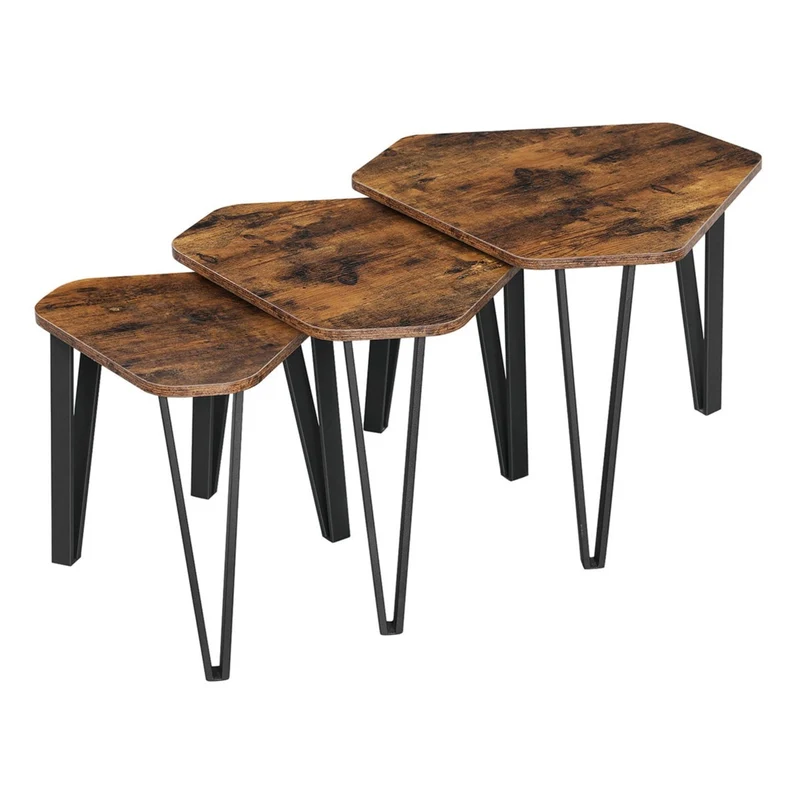 Lot de 3 tables gigognes petite tables d’appoint bouts de canapé pour salon empilable robuste assemblage facile structure en acier style industriel marron rustique et noir 12_0003004