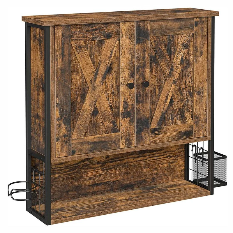 Armoire murale meuble de salle de bain placard 2 portes avec étagère réglable porte sèche-cheveux pot style industriel marron rustique et noir 12_0002743