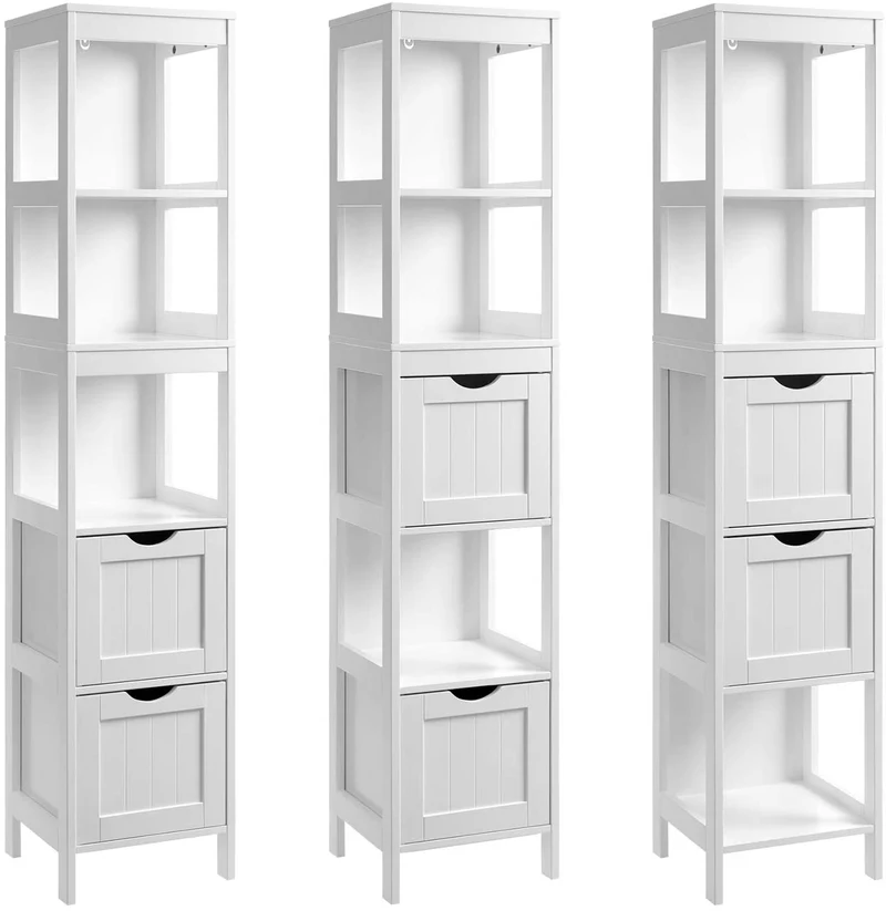 Meuble salle de bain armoire haute placard de rangement colonne avec 2 tiroirs et 3 casiers ouverts 141,5 cm MDF blanc 12_0001086