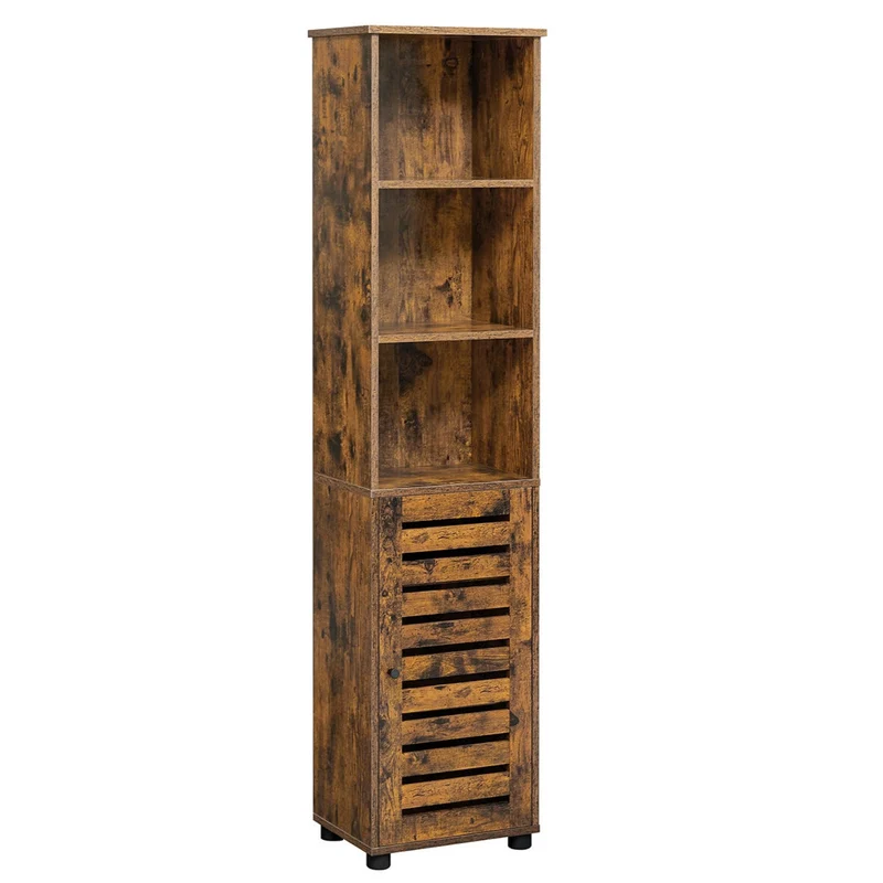 Meuble de salle bain étagère de rangement placard haut 3 cases ouverts 2 étagères intérieures réglables en hauteur pour salon cuisine entrée chambre 167 cm marron rustique 12_0003501