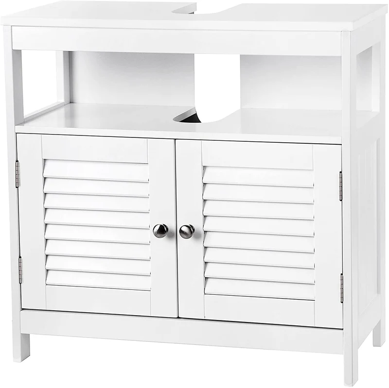 Meuble sous lavabo armoire de rangement salle de bain 2 volets 2 casiers anti humidité MDF blanc 12_0000676