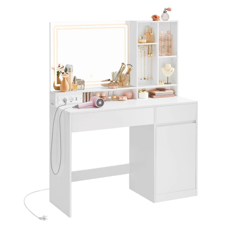 Coiffeuse avec miroir et lumière table de maquillage largeur de 90 cm tiroir étagères réglables prise de courant rangement pour bijoux pour chambre blanc 12_0005159