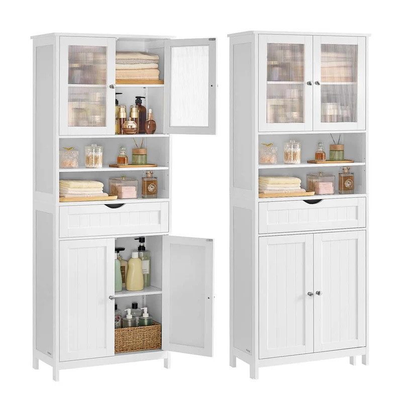 Meuble de rangement avec éclairage armoire de salle de bain 30 x 60 x 170 cm avec étagères réglables tiroir compartiments ouverts pour salle de bain salon salle à manger blanc 12_0008023