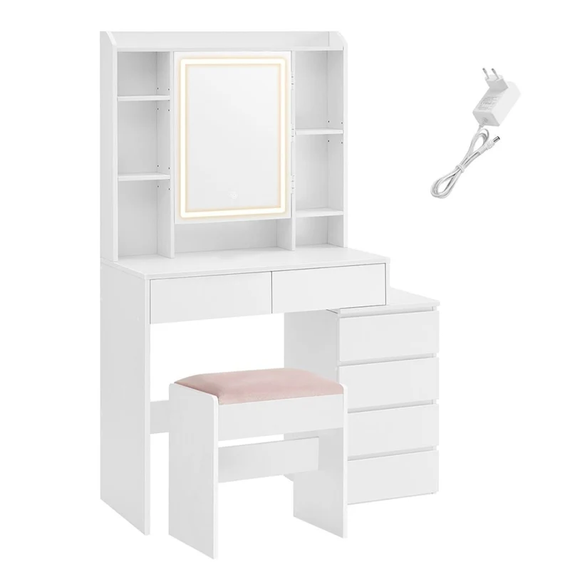 Coiffeuse avec led 3 luminosités réglables 40 x 97,5 x 145 cm table de maquillage avec miroir tiroirs compartiments ouverts tabouret étagères réglables moderne blanc nuage 12_0005154