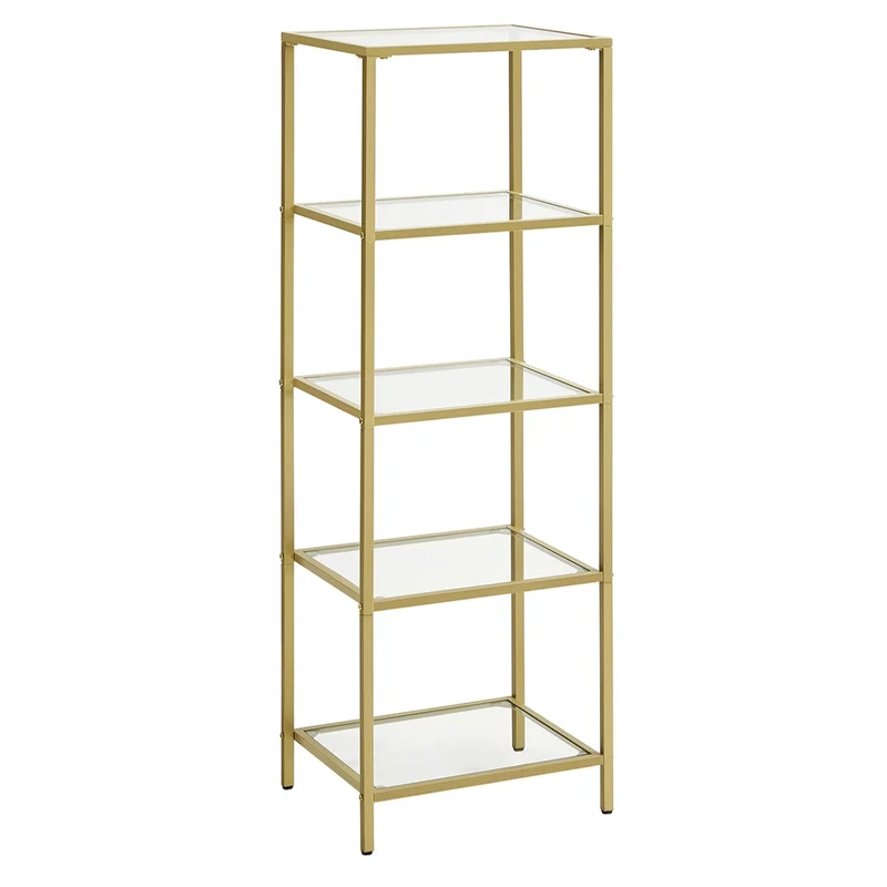 Étagère meuble de cuisine rangement 5 niveaux 30 x 40 x 124,5 cm colonne salle de bain pour salon chambre bureau en verre trempé cadre en acier doré 12_0005768