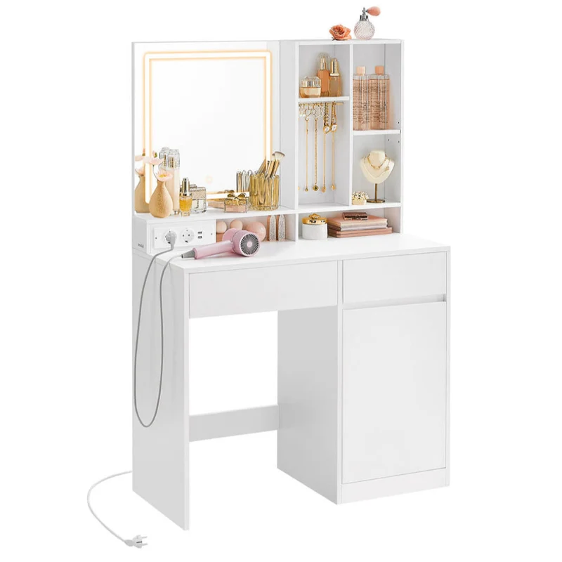 Coiffeuse avec miroir et lumière table de maquillage 40 x 90 x 138 cm tiroir étagères réglables prise de courant rangement pour bijoux pour chambre blanc nuage 12_0005158