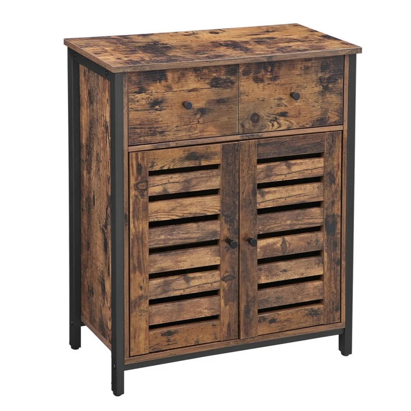 Meuble de rangement placard armoire avec 1 tiroir et étagères portes à persiennes pour salon couloir cuisine bureau chambre 80 cm style industriel marron rustique 12_0002669