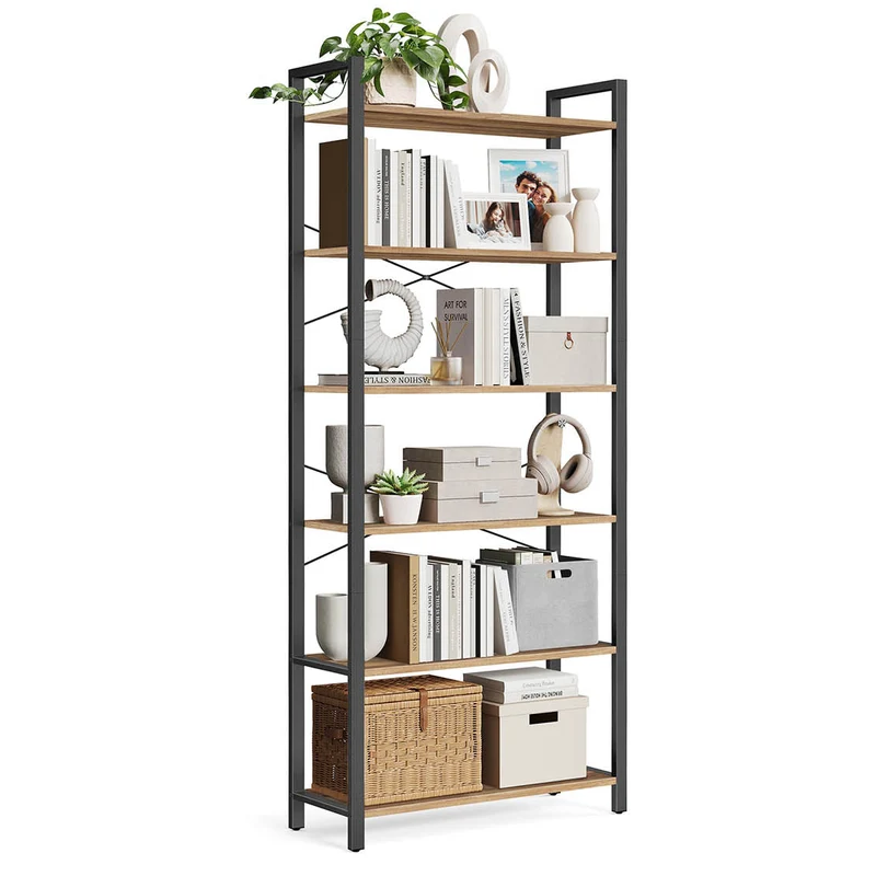 Étagère à 6 niveaux bibliothèque avec cadre en acier pour salon bureau entrée style industriel 80 x 30 x 186 cm marron 12_0005454