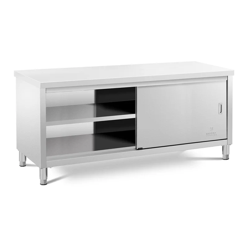 Meuble bas en acier inoxydable plan de travail cuisine armoire avec portes coulissantes (capacité de 600 kg, acier inoxydable, 1 tablette) 14_0005089