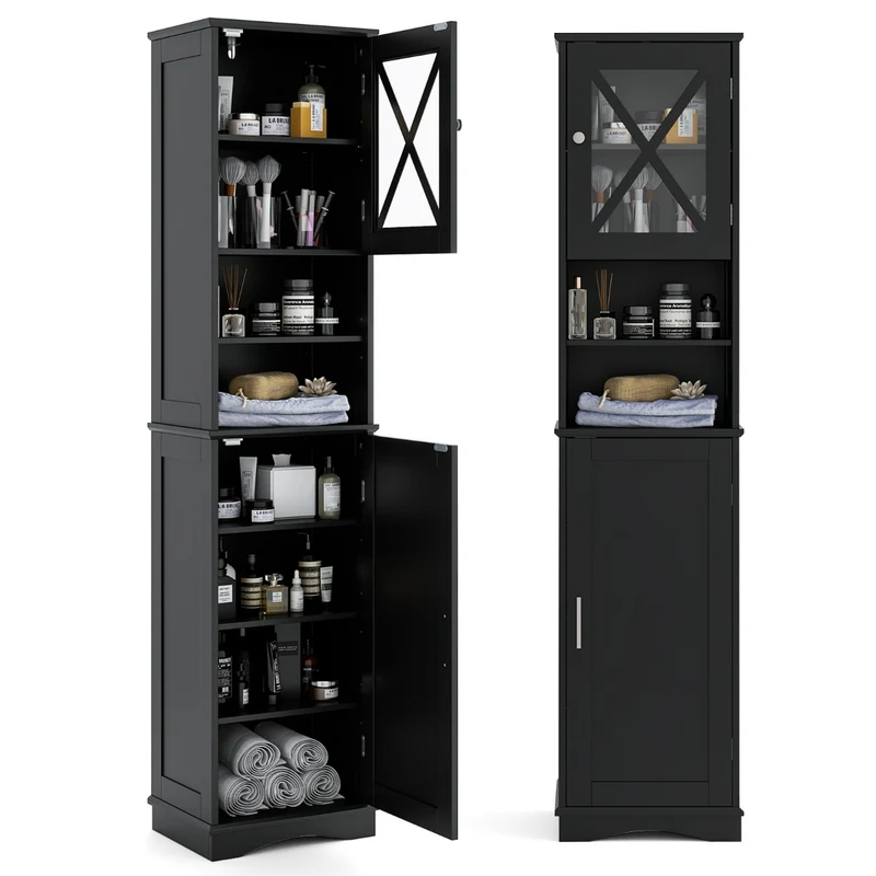 Armoire de salle de bain haut de 170,5 cm avec étagères réglables compacte en noir design moderne 20_0010279