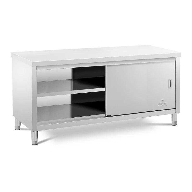 Meuble bas en acier inoxydable plan de travail cuisine armoire avec portes coulissantes (capacité de 600 kg, acier inoxydable, 1 tablette) 14_0005091