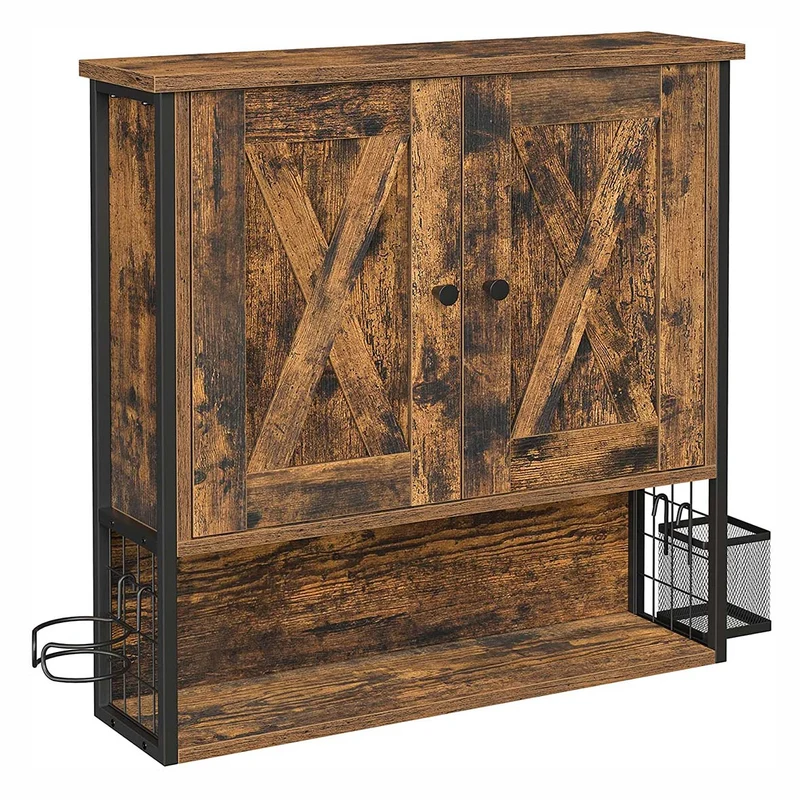 Armoire murale meuble de salle de bain placard 2 portes avec étagère réglable porte sèche-cheveux pot style industriel marron 12_0004040