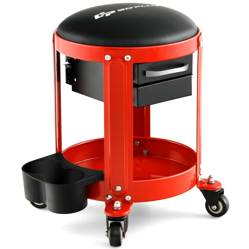 Tabouret roulant pratique avec 4 roulettes universelles 40 x 40 x 43,5 cm rangement optimisé style moderne en métal noir et rouge 20_0020055