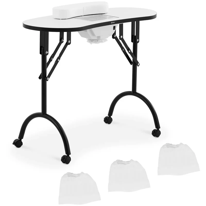Table manucure professionnel pliante 4 roues aspirateur MDF blanc 14_0010030