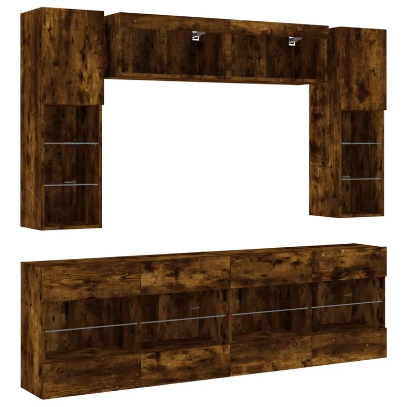 Ensemble de meubles armoire buffet TV télévision salon chambre séjour murau x 6pièces et lumières LED chêne fumé brun 02_0025352