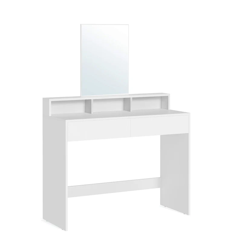Coiffeuse avec miroir rectangulaire table de maquillage avec 2 tiroirs et 3 compartiments de rangement style moderne blanc 12_0005168